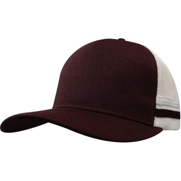 A deep fit trucker cap in maroon and white with stripes and a logo on the side.
