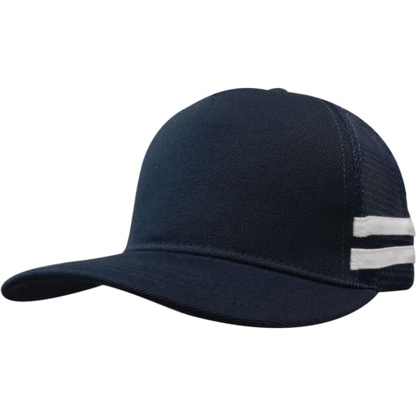 A deep fit trucker cap in navy with striped detailing and a contrast mesh back, featuring a logo.
