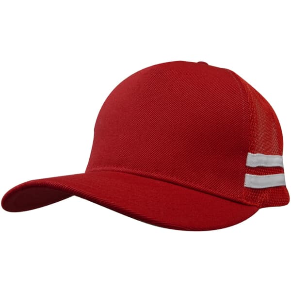 A red trucker cap with a mesh back and two white stripes. It features a logo or branding on the front.