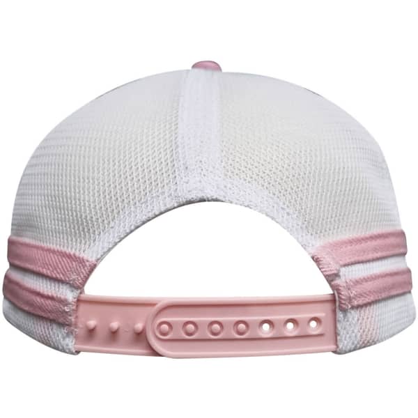 A deep fit trucker cap featuring a white mesh design with pink stripes and an adjustable pink strap at the back.