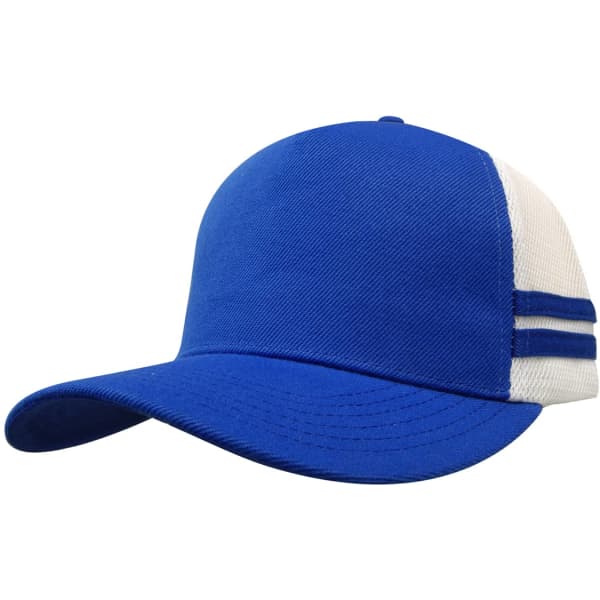 A blue and white trucker cap with a structured fit and striped detailing, featuring a logo on the front.
