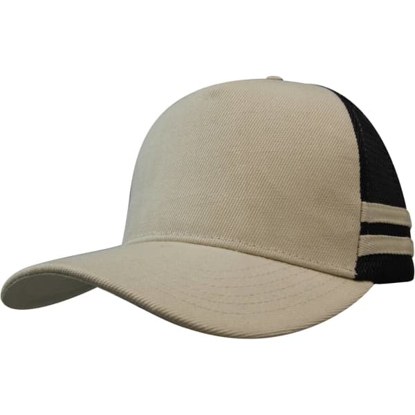 Beige and black trucker cap with striped detailing and a curved brim, featuring a logo on the front.