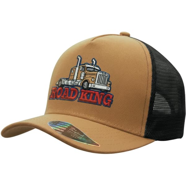 A brown trucker cap featuring a mesh back and an embroidered logo depicting a truck and text.
