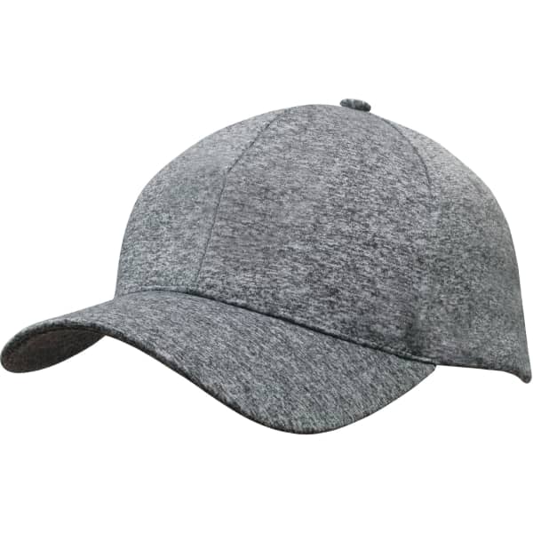 A grey sports cap with a curved brim and a textured fabric, featuring a logo on the front.