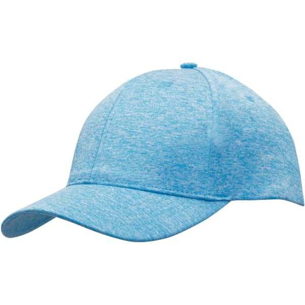 A blue sports cap with a smooth texture and a curved brim, featuring a logo on the front.