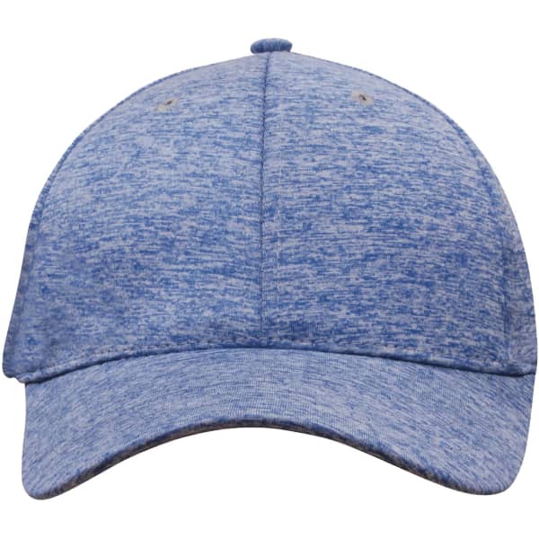 A blue marled cap made from textured fabric, featuring a logo on the front.