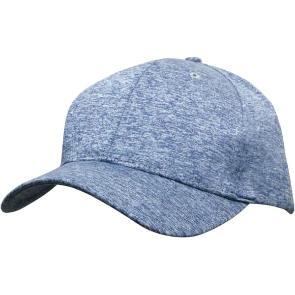 A blue marled cap with a curved brim and an adjustable closure at the back, featuring a logo.