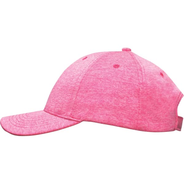 A pink cap with a curved brim, featuring a heathered design and an adjustable strap at the back.
