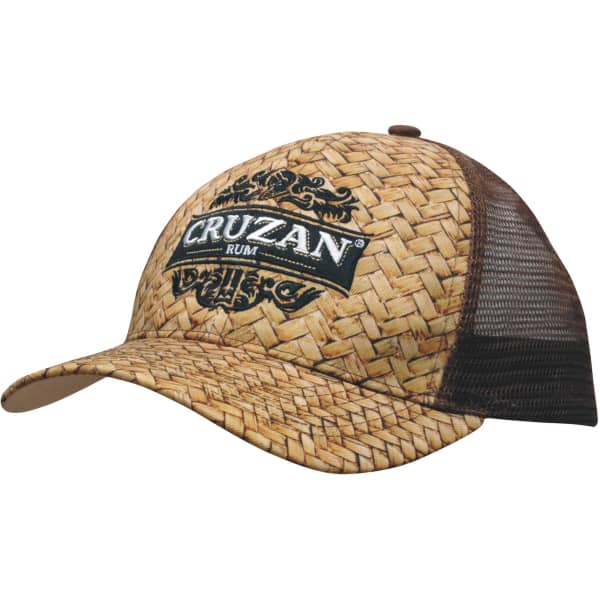 A straw-patterned cap with a brown mesh back and a logo on the front.