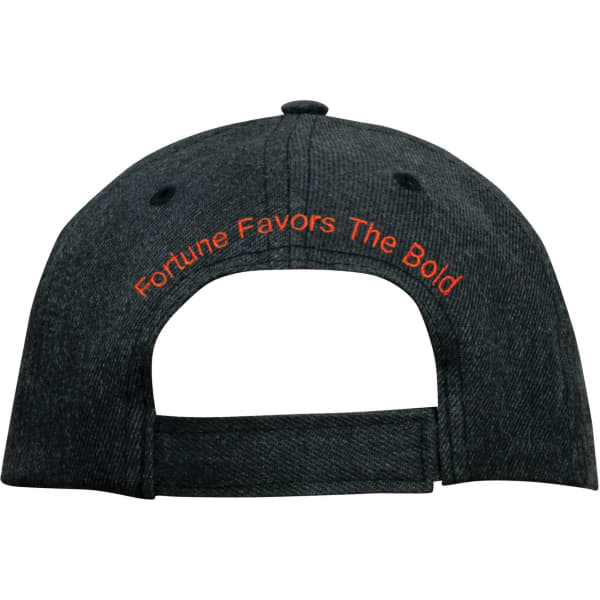 A dark grey cap with a back closure and an embroidered logo in orange.