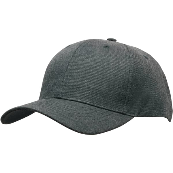A dark grey premium twill cap featuring a curved brim and a logo on the front.