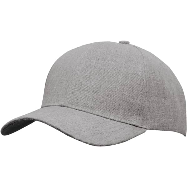 A grey Premium American Twill Cap with a rounded crown and a curved brim, featuring a logo.