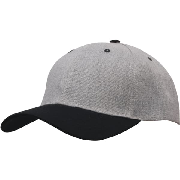 A grey twill cap with a black peak and a logo, featuring a structured design and six-panel construction.