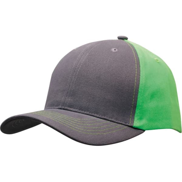 A grey and bright green cap with contrasting stitching and a logo on the front.