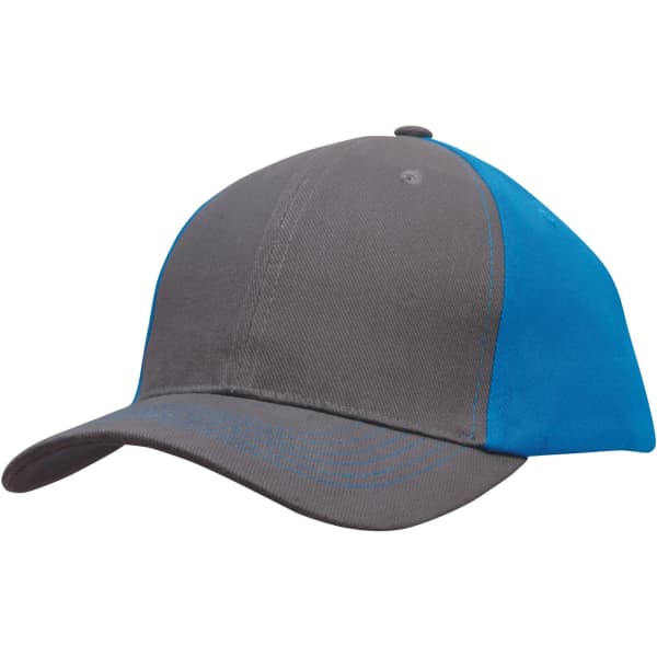 A brushed heavy cotton cap with a grey front and bright blue side panels. Features a logo on the front.