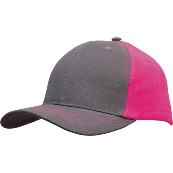 A grey cap with a pink contrast side and stitching, featuring a logo on the front.