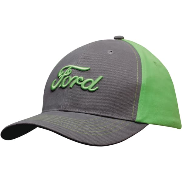 A grey and green cap with a curved brim and a logo on the front. It features contrast stitching details.