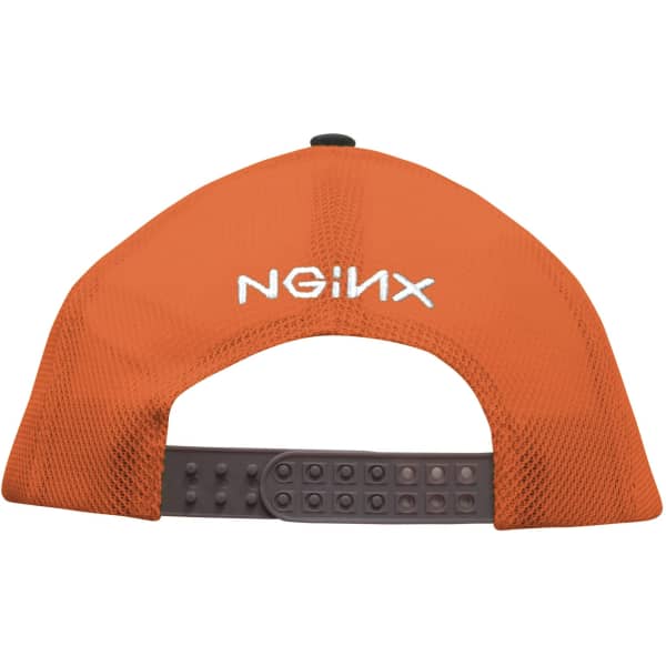 An orange cap with a mesh back and a rear adjustable strap, featuring a logo on the back.