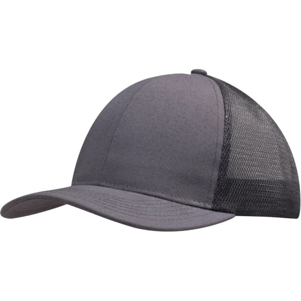 A grey cap featuring a brushed cotton front and a mesh back, equipped with a curved brim. It includes a logo.