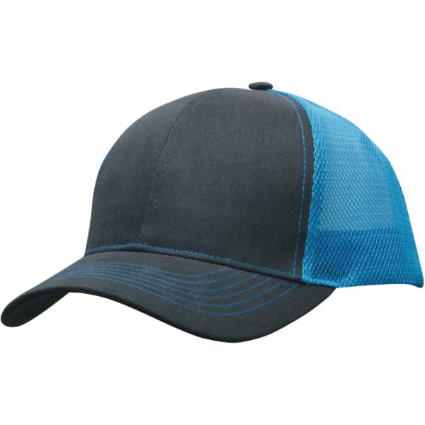 A brushed cotton cap in grey with a blue mesh back and a curved brim, featuring a logo.