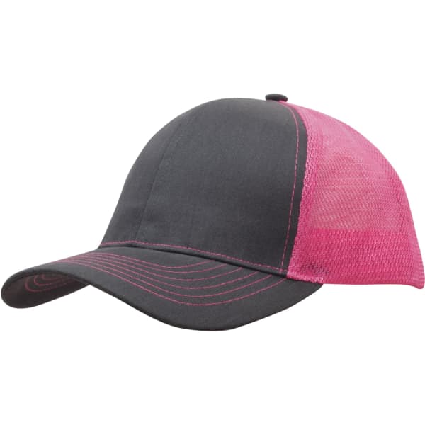 A black and pink cap with a mesh back and contrasting stitching, featuring a logo on the front.