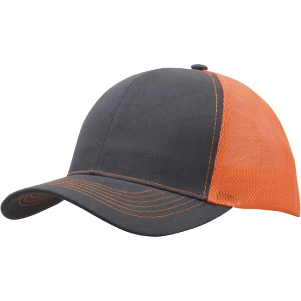 A grey cap with an orange mesh back and stitched details, featuring a logo on the front.