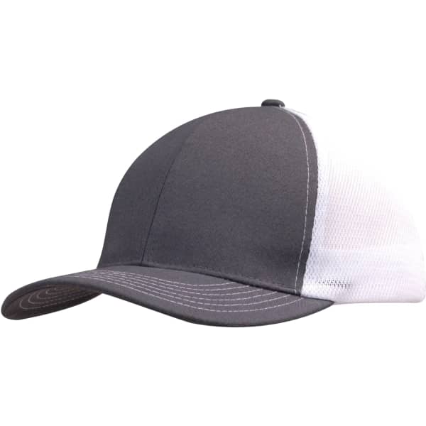 A grey brushed cotton cap with a mesh back and a curved peak, featuring a logo.
