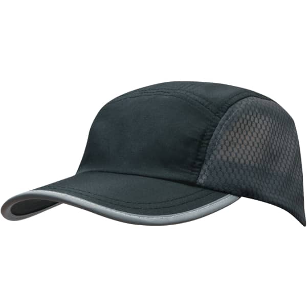 A black cap featuring bee hive mesh panels and a grey towelling sweatband, with a logo on the front.