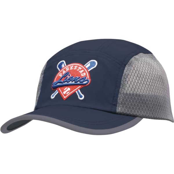 A navy cap with a grey mesh panel, featuring an embroidered logo on the front.