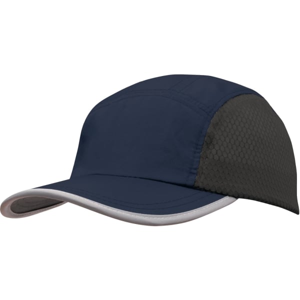 A navy cap featuring a bee hive mesh side panel and a towelling sweatband. Includes a logo on the side.
