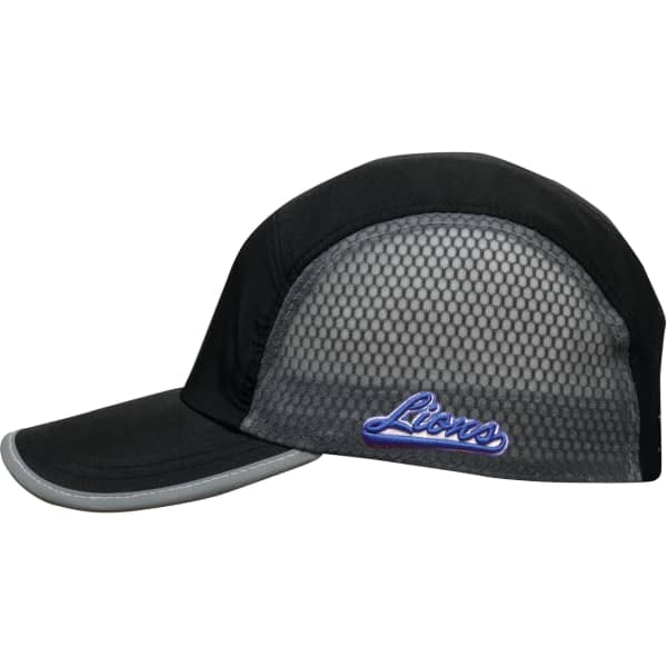 A black cap featuring bee hive mesh and a towelling sweatband, with a logo on the side.