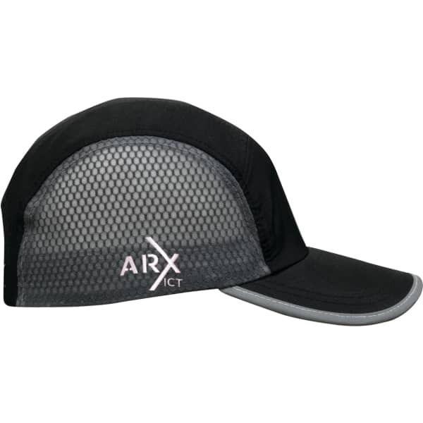 A cap featuring a black design with grey bee hive mesh panels and a towelling sweatband, including a logo.