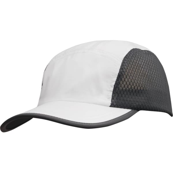A white cap featuring a black bee hive mesh and a towelling sweatband, complete with a logo.