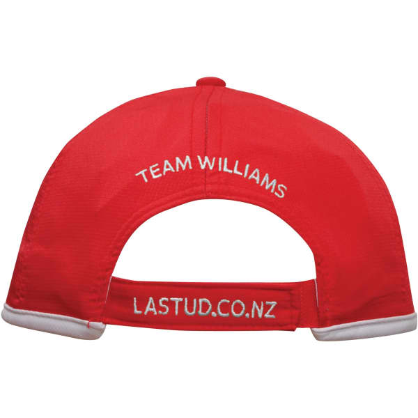 A red cap with white trim and an adjustable back. It features two embroidered text elements.