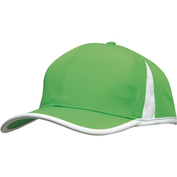 A green cap with white trim and inserts, featuring a logo on one side.