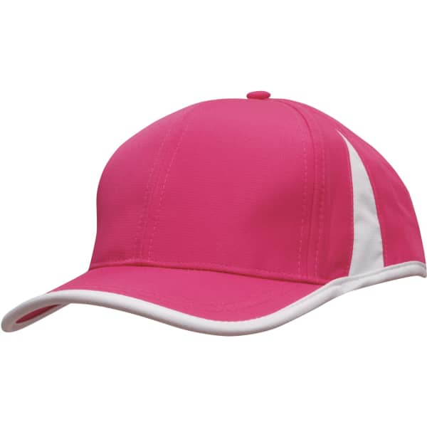 A pink cap with white trim and inserts, featuring a logo. The design includes a sporty look and structured shape.