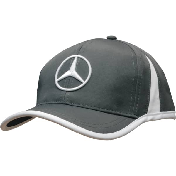 A grey cap with a white trim and a logo on the front.