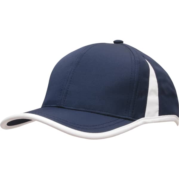 A navy cap with white trim and inserts, featuring a logo on the side.