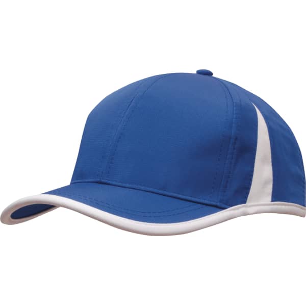 A blue cap with white trim and inserts, featuring a logo on the front, designed for sports use.