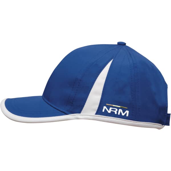 A blue cap featuring white trim and a logo. The cap has a structured design suitable for headwear.