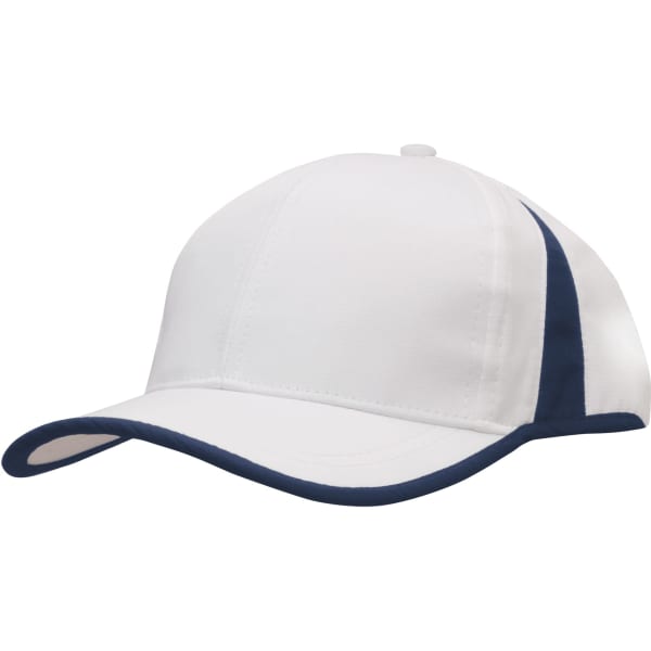 A white cap with navy trim and inserts, featuring a curved peak and a logo on the front.