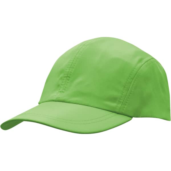 A bright green cap with a sleek design and a curved brim, featuring a logo on the side.