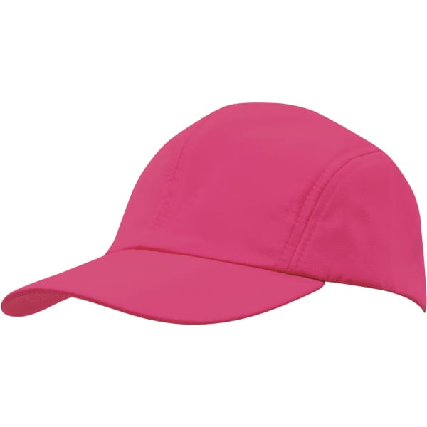 A pink sports cap with a curved brim and an internal towelling sweatband, featuring a logo.