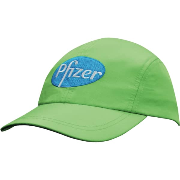 A lime green cap with a blue embroidered logo on the front.