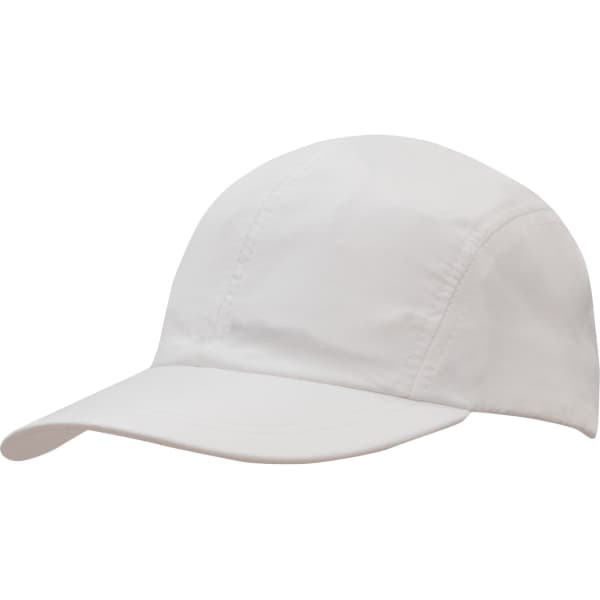 A white sports cap made from ripstop material, featuring a towelling sweatband and a logo.