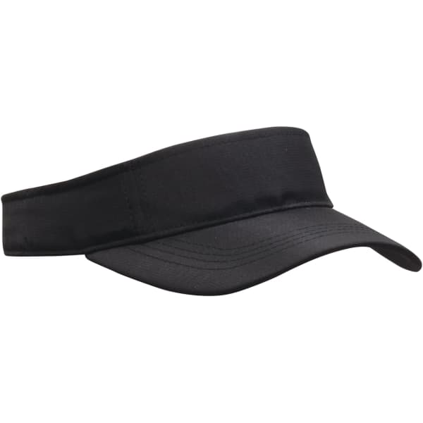 A black visor with a wide band and a curved peak, featuring a logo on the front.