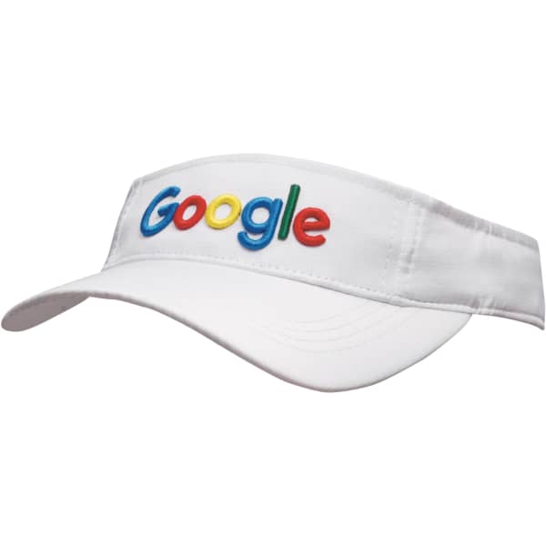 A white sports visor featuring a colourful logo on the front.