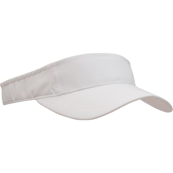 A white visor with a wide band and curved brim, featuring a logo on the front.