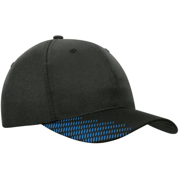 A black cap featuring a vibrant blue peak flash print and a logo on the front.