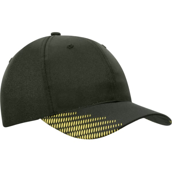 A black cap featuring a yellow peak with a flash print design and a logo.